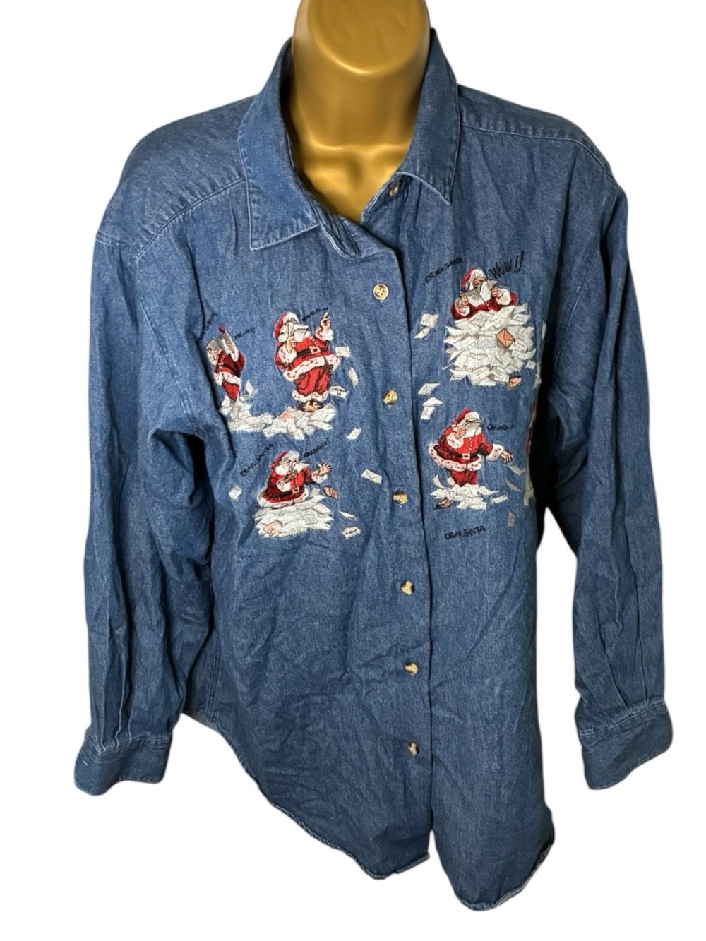 Vintage 90s Cambridge Dry Goods Embroidered Christmas Denim Button Up Shirt L